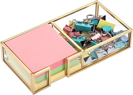 BTSKY Golden Glass 2 in 1 3x3 Inch Sticky Note Holder, Elegant Post It Note Dispenser Paper Clip Holder with Non-Slip Pads Clear Notepad Holder for Desk Organization Planning, Home Office Decor