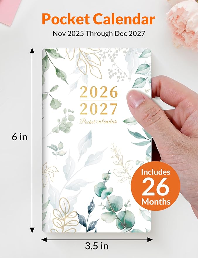 SUNEE Pocket Calendar 2026-2027 - Two Year Monthly Planner Small Calendar 3.5" x 6" Organizer for Daily & Yearly Schedule - Compact Agenda Notebook for School, Work, Women, Greenery