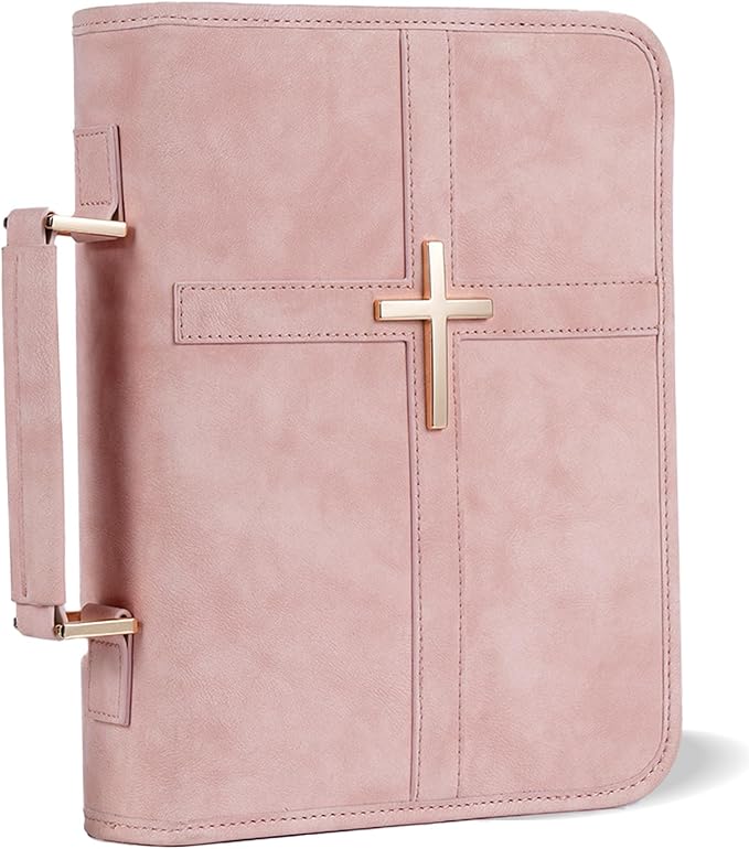 Vegan Leather Bible Cover for Men & Women, Bible Case with Gift Box, Christian Catholic Religious Bible Gifts (Pink)