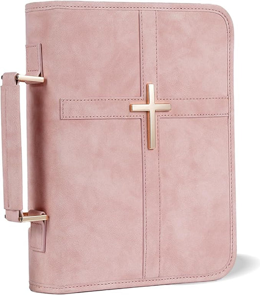 Vegan Leather Bible Cover for Men & Women, Bible Case with Gift Box, Christian Catholic Religious Bible Gifts (Pink)