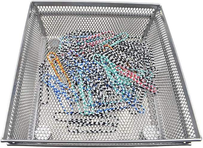 HAHIYO Stackable Mesh Tray Cup 6 x 6 x 2 inches Sturdy Container for Desk Drawer Organizer Collection for Home Office School kitchen Soft Foam Feet No Sharp Edges 2 Pack Silver