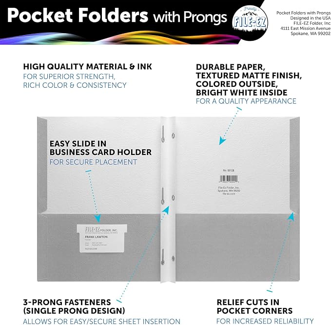 FILE-EZ Two-Pocket Folders with 3-Prong Fasteners, Gray Color, 25-Pack, Durable Textured Paper, Matte Finish, Letter Sheet Size (EZ-92530)