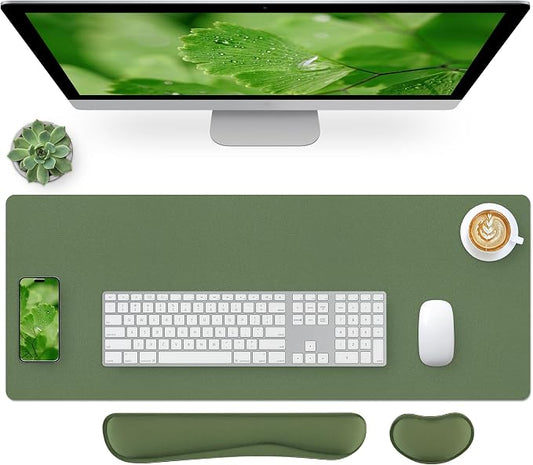 Bloss Leather Mouse Pad with Wrist Rest, Large Mousepad + Keyboard Pad, Non-Slip Desk Mat for Office, Home(27.6" x 13.8", Olive Green)