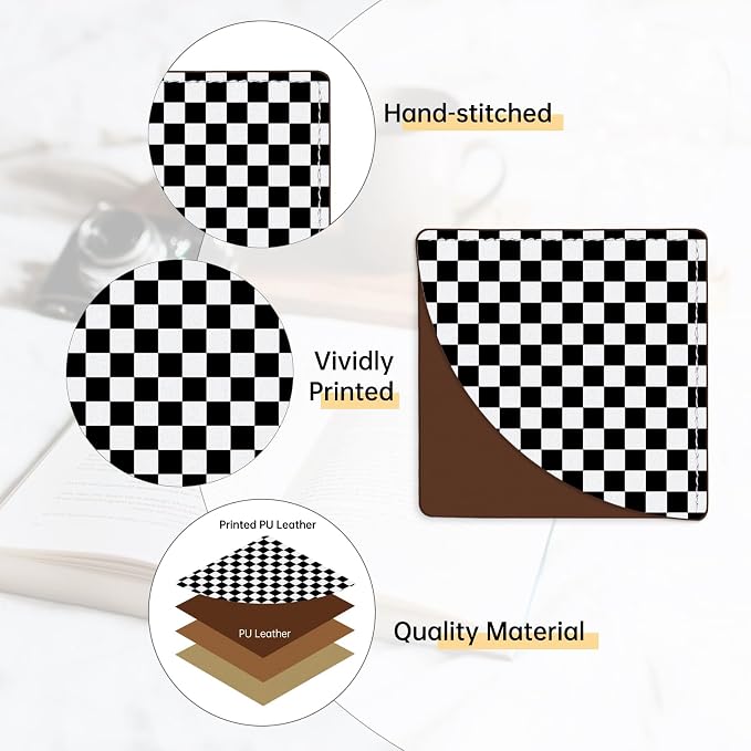 2 Pack Black and White Checkered&Cow Leather Book Corner Bookmark, Durable Handmade Reading Accessories - Gifts for Readers, Women, Men, Teachers, Students