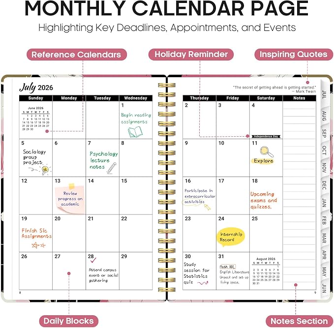 Planner 2026–2027, Academic Year Monthly & Weekly Calendar Book, Jul 2026–Jun 2027, Hardcover Organizer with Tabs, Student & Teacher Planner, 6.3" x 8.5", Velvet Poppies