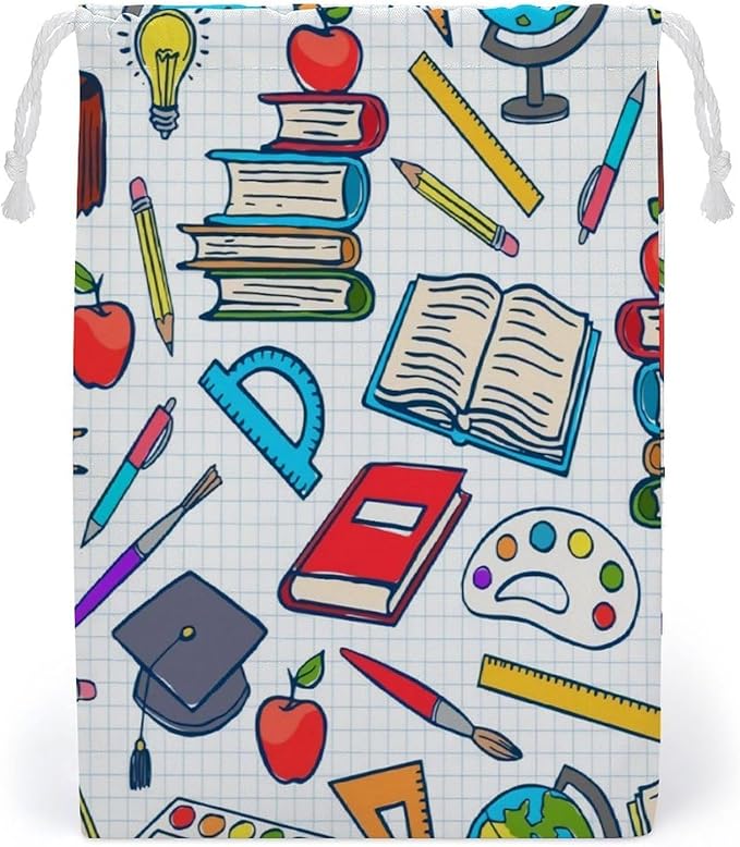 Elementary School Theme Student Supplies Globe Paints And Brushes Books EducationDrawstring Storage Bag Portable Tied Pocket Canvas Storage Bag12*18cm