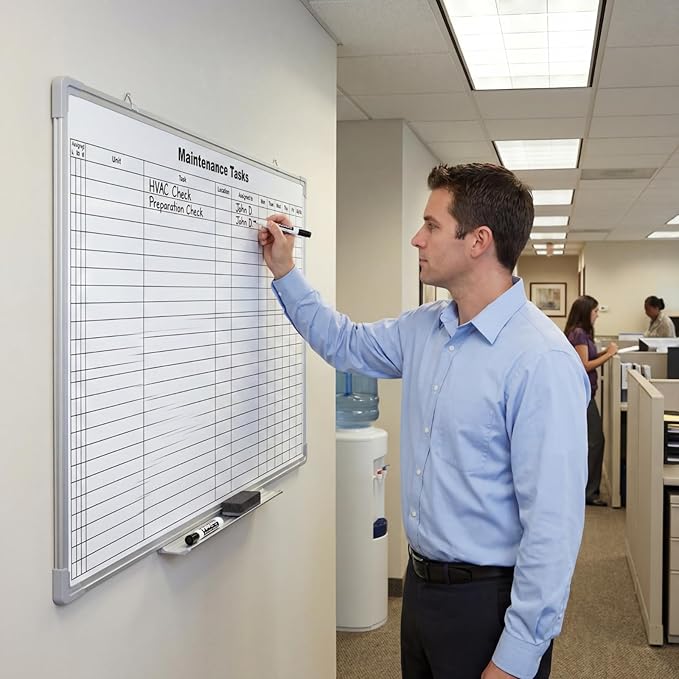 AmazingSpark Lined Whiteboard Blank Grid Aluminum Frame Dry Erase Board Reusable Wall Mounted Board for Scheduling, to Do Lists Weekly Planning Home Work (36 x 24 Inch,Horizontal Maintenance Tasks)