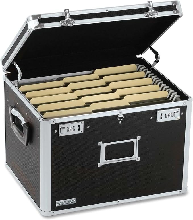 Vaultz Portable File Box - 17.5 x 14 x 12.5 Inch Legal/Letter Size Storage Box with Dual-Combination Locking for Document Filing and Organization,Black