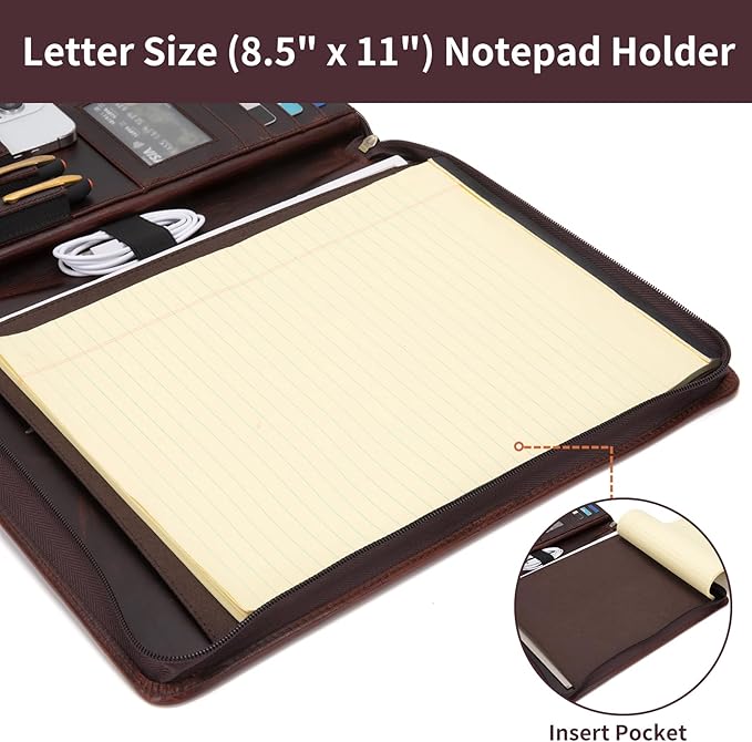 Genuine Leather Portfolio for Women and Men, 8.5 x 11 Legal Pad Padfolio, Zippered Notebook Organizer for 13” Laptop, Business Executive Professional Folio for Work, Dark Brown, Oil Tanned