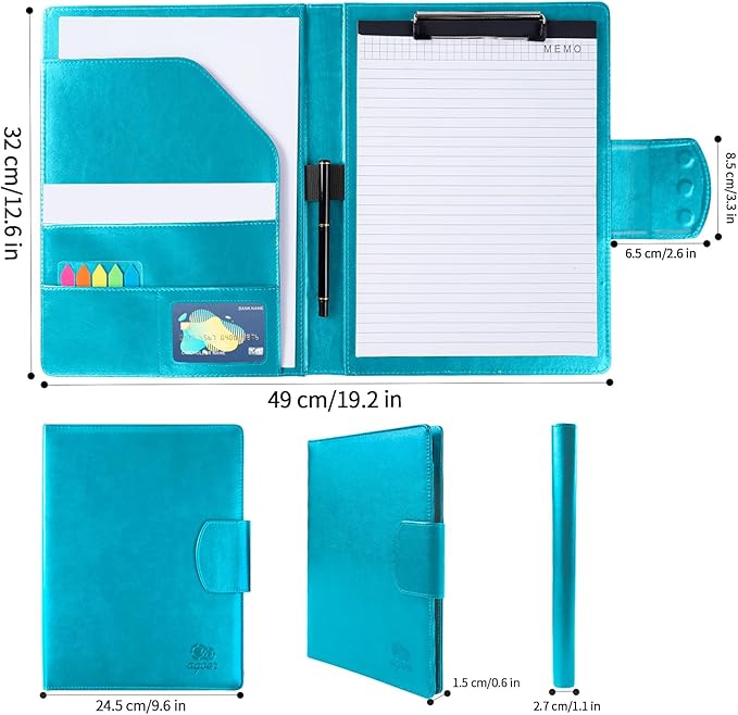 Leather Portfolio Folder Binder,A4 Padfolio Clipboard Folder with Magnetic Closure Cover with Letter Sized Papers,Sticky Tabs,Pen for Business School Office Conference Notepad Clip Boards(Turquoise)