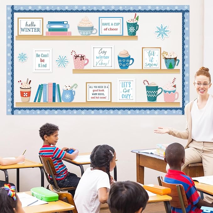 Winter Hot Cocoa Bulletin Board Set Winter Warm Inspirational Bulletin Board Christmas Classroom Decoration Snowflakes Paper Cutouts for Xmas Holiday School Office Chalkboard Wall Supplies