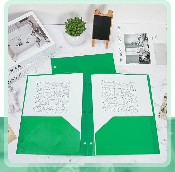 Yeaqee 72 Pcs Plastic Folders with Pockets Bulk 3 Hole Punched 2 Pocket File Folders for 3 Ring Binder Divider Folder for Notebooks, Durable Poly for Office Home (Green)