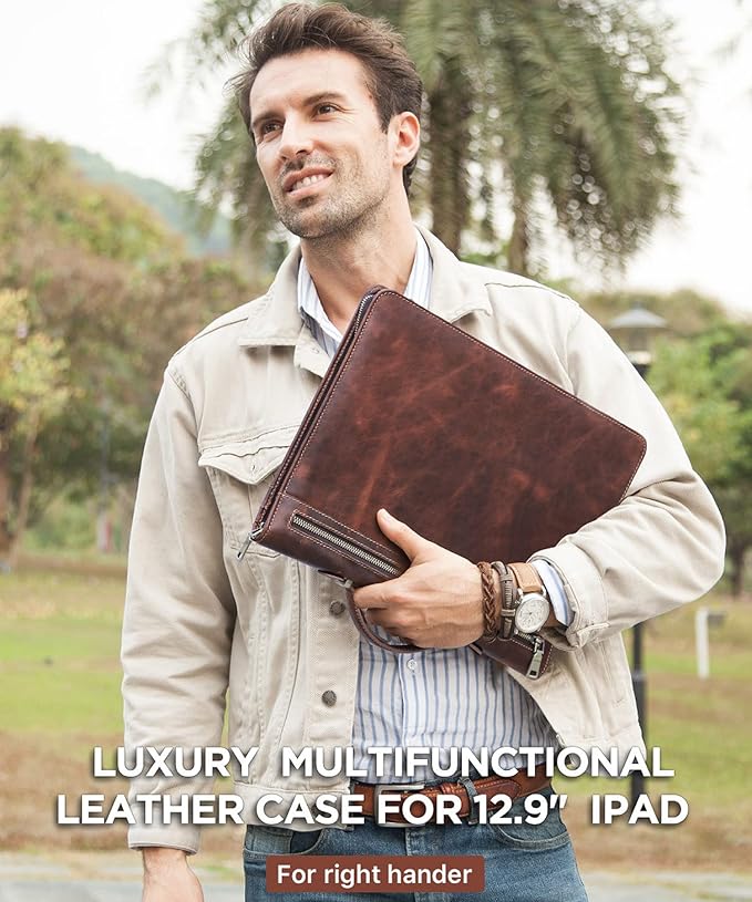Top Grain Leather 12.9" Strap Large Portfolio, Handmade Retro Design, Large Capacity Multi-Functional Business Zip Padfolio, Holder for Cards/Tablet/Phone/AirTag/A4 Doc, Red Coffee 12.9 Inch
