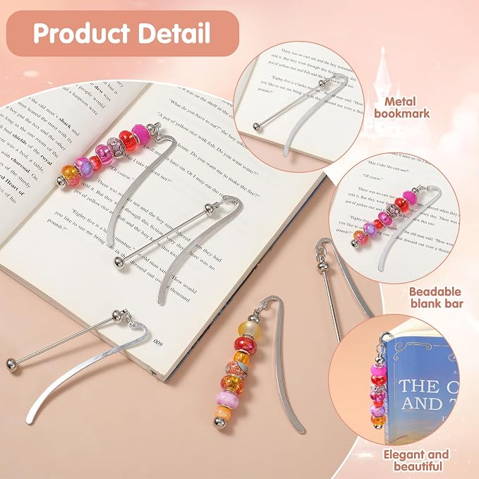 32 Pcs Beadable Bookmarks, Silver Metal DIY Blank Bar Bookmark for Beads, Craft Jewelry Pendant Charm Gift for Book Lovers, Students and Teachers
