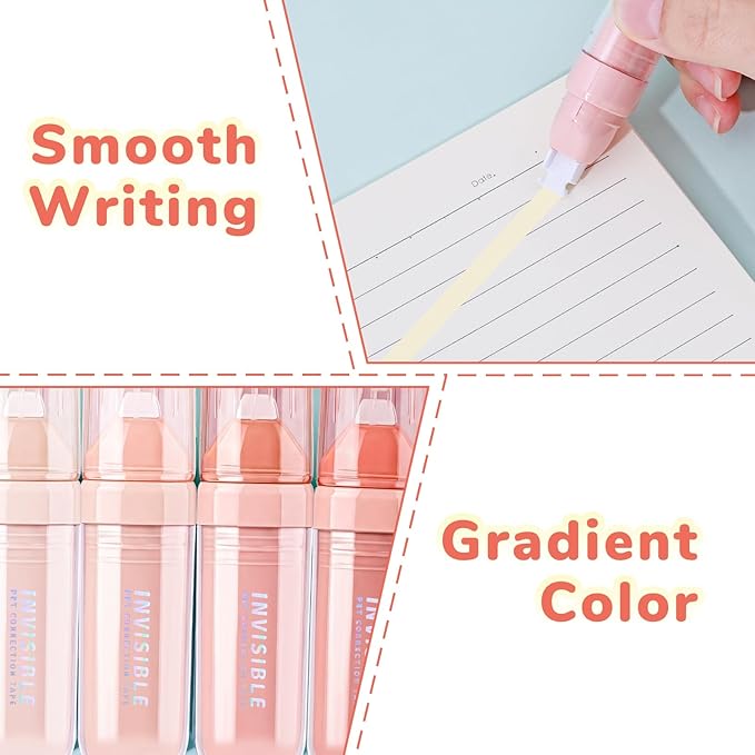 Temiary 4 Pcs White Correction Tapes, Beige Core Smooth Pull Out for Writing, Aesthetic Cream Correction Tape Gradient Set, Quick Dry Applicator for Students School Office Supplies (Pink)