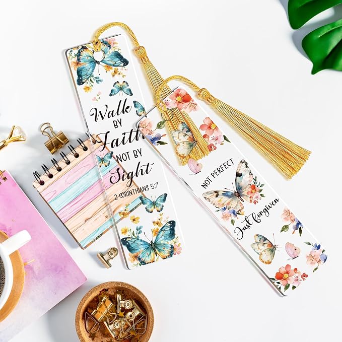 AFRITEE UV DTF Bookmark Wraps - 24 Pcs Bible Christian Inspirational Quotes Acrylic Bookmark Stickers, Floral Butterfly Cold Transfer Sticker for Bookmarks Uvdtf Decals Wrap Decor Gift for Book Lovers