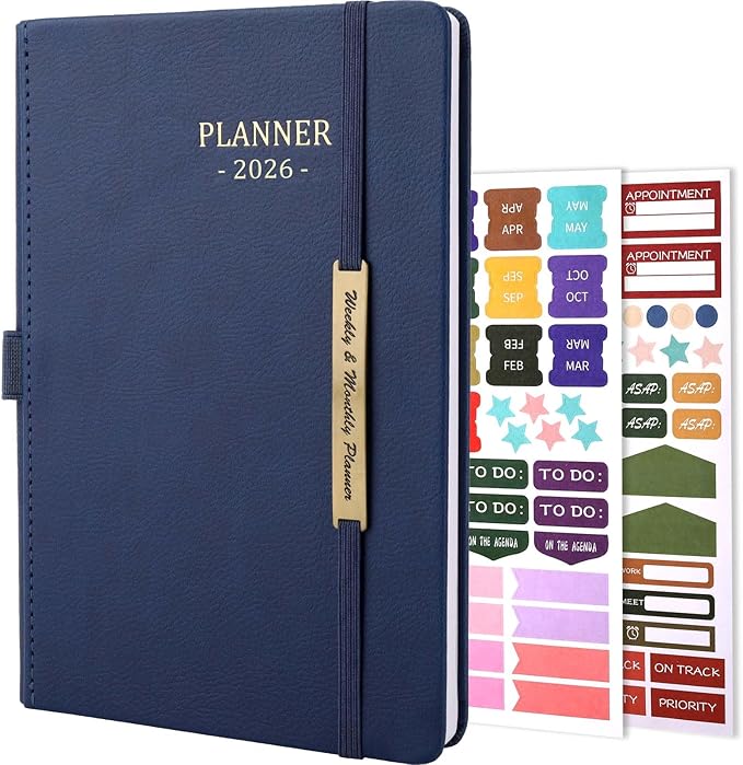 Tiankool Planner 2026, Jan 2026 - Dec 2026 Weekly Monthly Planner with Stickers, Elastic Closure, Inner Pocket, Round Corner, 5.8" x 8.25" - Blue