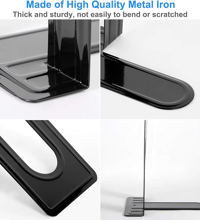 Heavy Duty Bookends for Shelves, Anti-Slip Base, Black, Great for Library, Office, Home, School, 4 Pairs