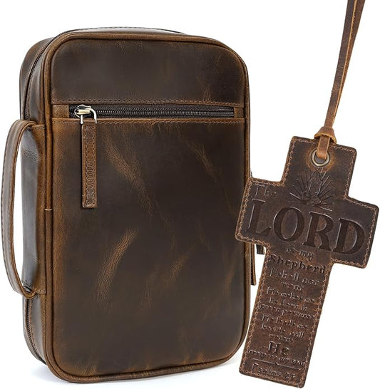 Leather Bible Cover for Men Bible Case for Women Zippered Holder Protector Cross Church Tote Bag Carrying Organizer Sleeve Gift Standard Antique