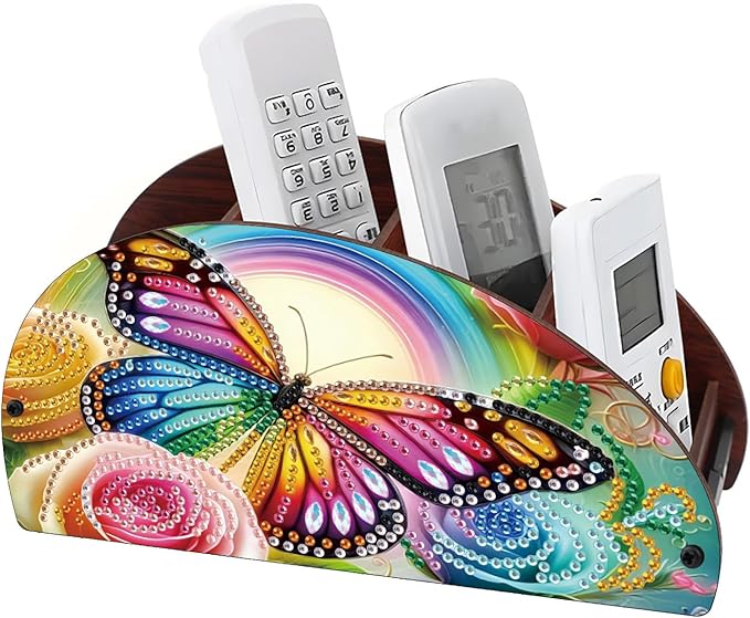 Remote Control Holder with 4 Compartments, DIY Diamond Art Painting Wooden Half Moon TV Control Holder for Remote Controllers, Office Supplies, Makeup Brush, Media Accessories-Butterfly-1