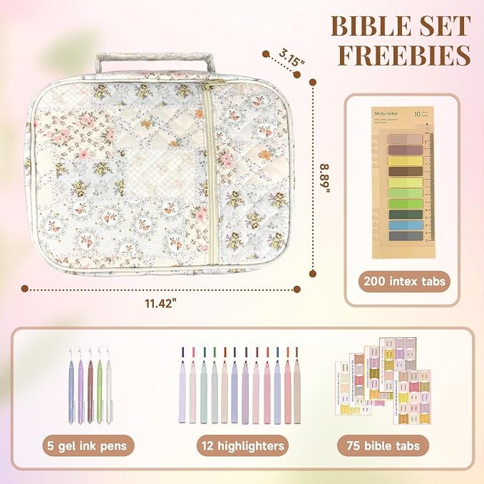 Bible Cover Case for Women,Bible Study Supplies Accessories,Bible Journaling Kit,Pink Flower Carrying Case with Highlighters