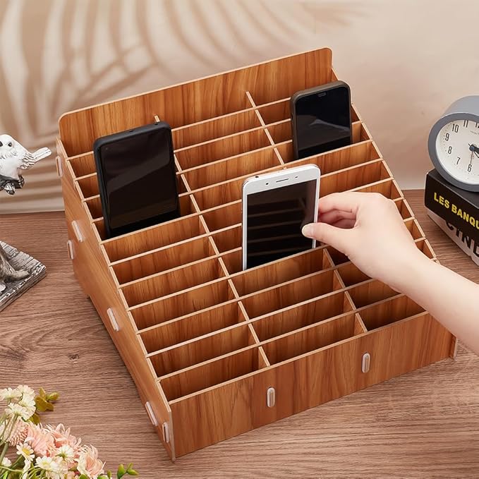 BENECREAT 36-Grid Wooden Cell Phone Storage Box, Mobile Phone Holder Organizer Creative Desktop Organizer for Office Meeting, School Classroom Supplies, Dark Goldenrod