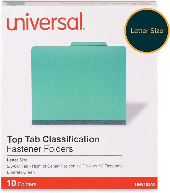 Universal 10302 Pressboard Classification Folders, Letter, Six-Section, Emerald Green (Box of 10)