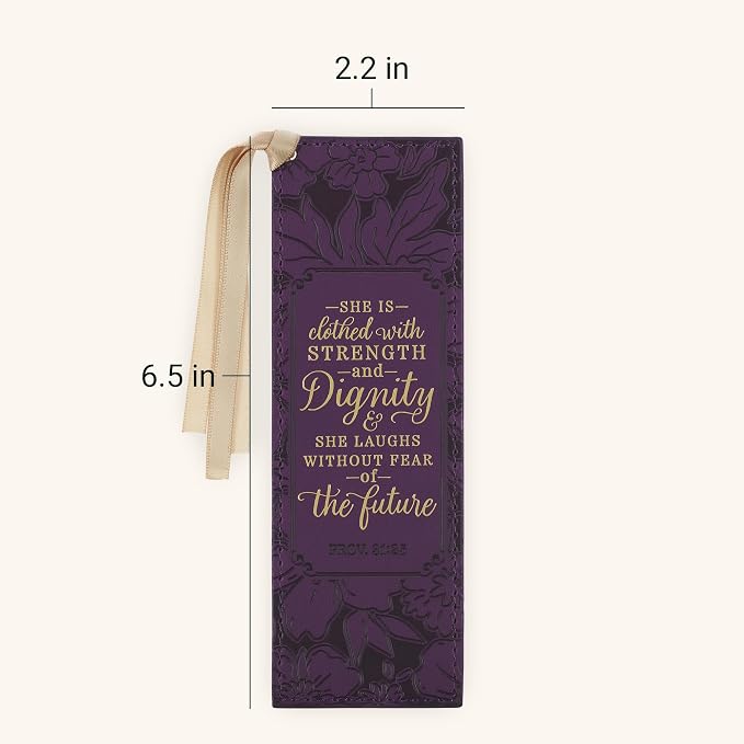 Christian Art Gifts Premium Vegan Leather Inspirational Scripture Bookmark for Women: Strength & Dignity Encouraging Bible Verse, Heat-Debossed Florals, Satin Ribbon for Books & Bibles, Purple & Gold