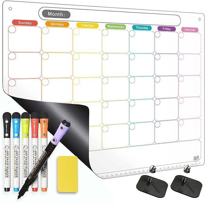 Mag-Fancy Dry Erase Calendar Kit- Magnetic Calendar for Refrigerator - Monthly Fridge Calendar Whiteboard with Extra-Thick Magnet Included 5 Marker & Eraser & Adhesive Hooks for Wall Hanging