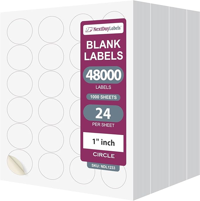 NextDayLabels 1.66 Inch Round Circle Stickers White Blank Labels for Laser Inkjet Printer - 24 Per Sheet Self-Adhesive Candle Jar Product Made in USA - 24,000 Labels