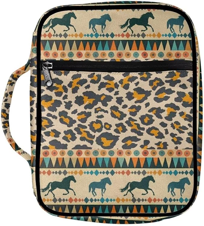 Coldinair Tribal Horse Bible Covers Bag for Women,Leopard Print Carrying Book Case Church Bag Bible Holder with Handle and Zippered Pocket