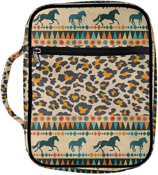 Coldinair Tribal Horse Bible Covers Bag for Women,Leopard Print Carrying Book Case Church Bag Bible Holder with Handle and Zippered Pocket