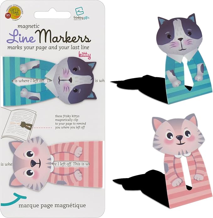 Gifts for Readers & Writers Linemarker Bookmark, 2 Pack Magnetic Bookmarks, Includes Line Finder Slit for Easy Line Tracking, Small & Cute Stationery, Book Page Holder, Reading Accessories, Cats