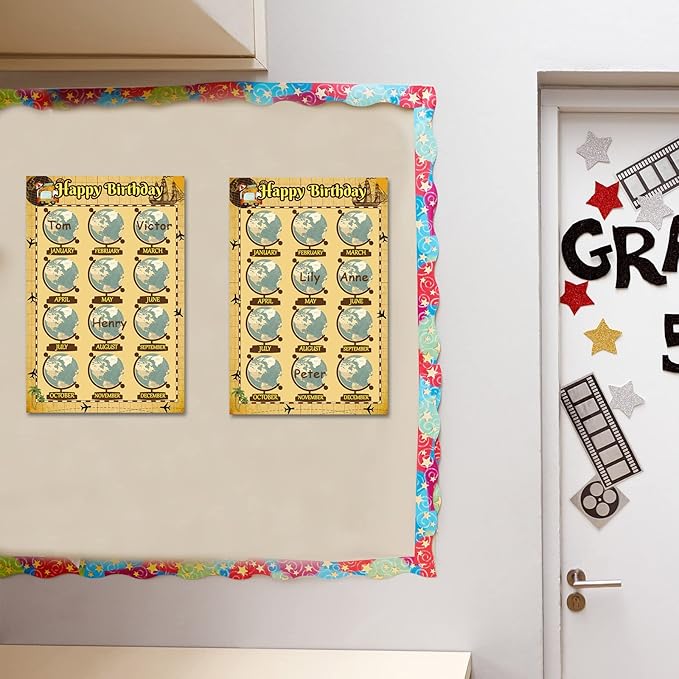 Happy Birthday Chart for Classroom, 2Pcs Birthday Poster Decoration 17’’ x 12’’ Birthday Travel Map Calendar Cutouts for School Bulletin Board, Chalkboards, Wall Decor