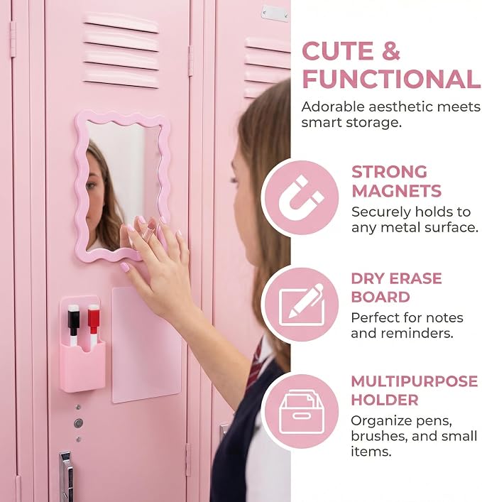 Pink Magnetic Locker Accessories Set (10 Pcs) – Shatter-Resistant Mirror, Whiteboard, Pen Holder, Comb, Markers & Magnet Clips – Cute Organizer for School, Gym, Work Locker Essentials for Girls Teens
