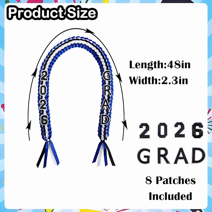 Graduation Leis 2026 Money Ribbon Leis for Graduation Class of 2026 Braided 48inch Graduation Necklace for High School,College Graduation Party Gifts,Blue,White and Black