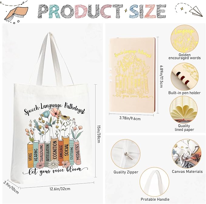 Fuutreo 3 Pcs Speech Language Pathologist Appreciation Gifts for Women, 20 oz Stainless Steel Tumbler Cup with Lid Canvas Tote Bag Leather Journal Thank You Gifts for Speech Language Pathologist