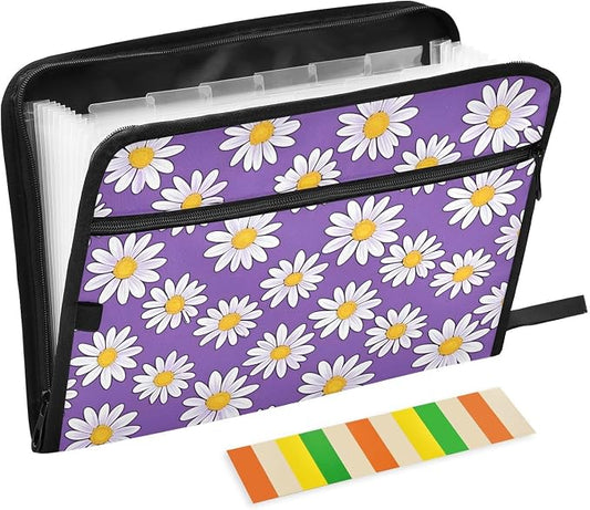 Expanding File Folder Daisies Purple Daisy Flower Accordion File Organizer 13 Pockets Document Organizer with Zipper Labels A4 Letter Office Storage