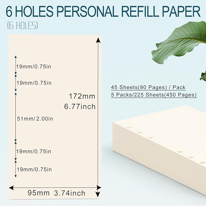 A6 Refill Paper, [5 Pack] Toplive 100GSM Thick Refillable Blank Paper 6 Hole Filler Inserts Loose Leaf Paper 225 Sheets (450 Pages) for 6 Ring Binder Journal Notebook