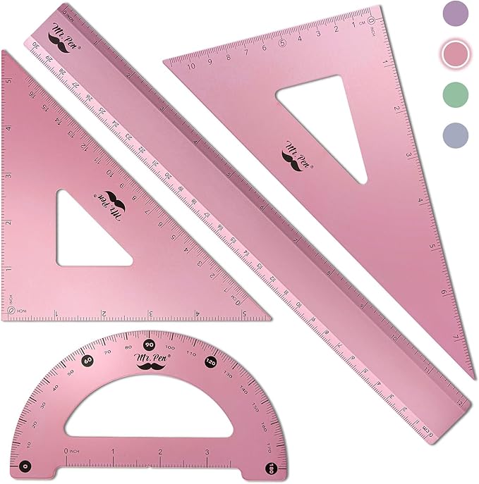 Mr. Pen- Metal Geometry Kit, 4 Pack, 45° & 30°/60° Set Squares, 6" Protractor & 12" Ruler, Durable Metal Drafting Tools for Technical Drawing, Math, Engineering & Architecture