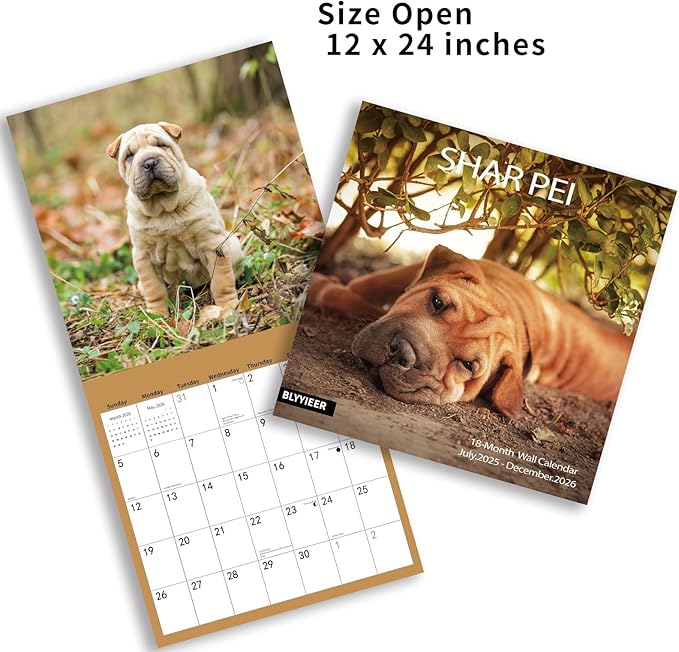 2025-2026 Wall Calendar,Shar Pei Wall Calendar, 12" x 24" Open,Family Planner Calendar Organizer with Shar Pei Images, for Dogs Lovers