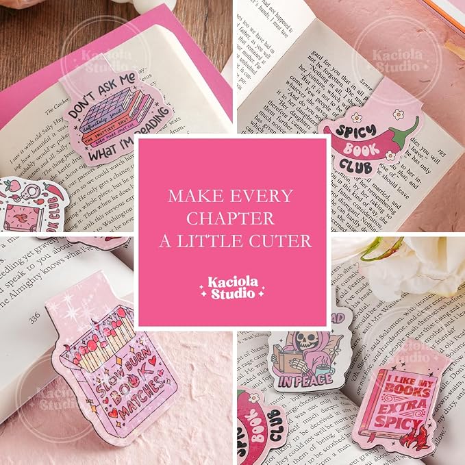 Kaciola Studio 12PCS Glittery Magnetic Bookmarks, Pink Spicy Cute Book Marks for Book Lovers Gifts, Funny Bookmark Accessories for Women Teachers Students School Office Home Supplies (Spicy)