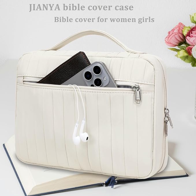 JIANYA Bible Cover Case for Women, Bible Book Cover Carrying Case with Handle and Zippered Pocket, Bible Study Supplies Gift for Women