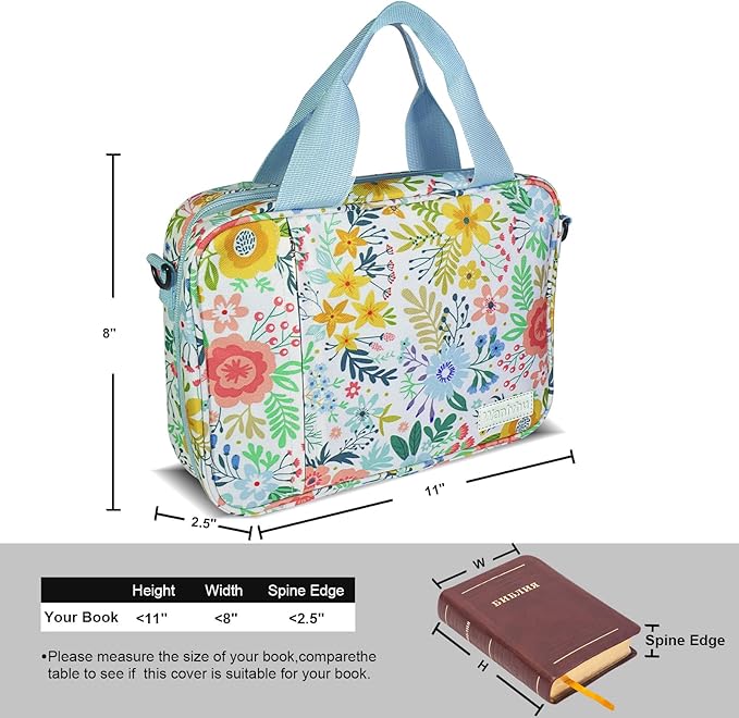 Bible Cover for Men Women, Zippered Bible Carrying Case Bible Protective Bag with Handle and Adjustable Shoulder Strap, Bible Bag for Women Men Kids (Blue Flower)