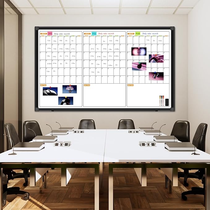 Quarterly Wall Calendar Whiteboard, 48" X 28" Magnetic Dry Erase Calendar for Wall, 3 Month Whiteboard Calendar for Wall with 2 Eraser, 10 Marker, 12 Magnet