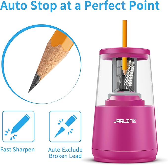 JARLINK Electric Pencil Sharpener, Heavy-Duty Helical Blade to Fast Sharpen, Auto Stop for No.2/Colored Pencils(6-8mm), AC Adapter/Battery Operated in School Classroom/Office/Home (Pink)