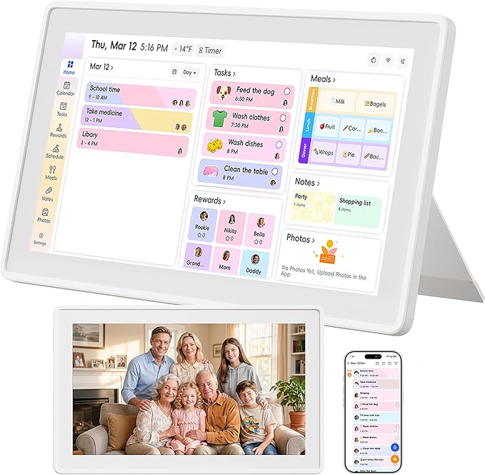 15.6 Inch Wall Planner Digital Calendar & Chore Chart, Smart Touchscreen Interactive Family Schedule Display with Electronic Photo Album, Wall-Mounted Smart Home Organizer for Daily Tasks, Appointments & Photo Slideshow, White
