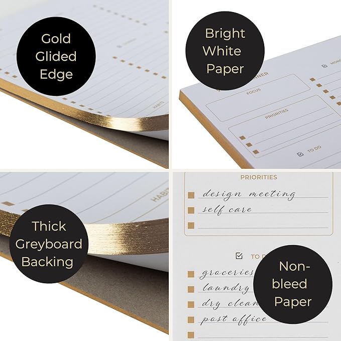BLU MONACO | Undated Weekly Planner Notepad | Gold Edge Desk Pad 8.5 x 11 with Tear Off Sheets | Weekly Planner with To Do List for Work Desk Organization