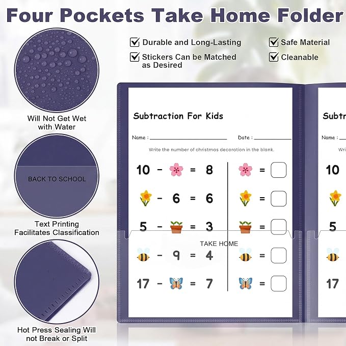 Henoyso 24 Pcs Take Home Folder Heavy Duty 2 Clear Front Pockets and 2 Inside Pockets Homework Folders for School Students Parent Teacher Classroom Communication (Dark Blue)