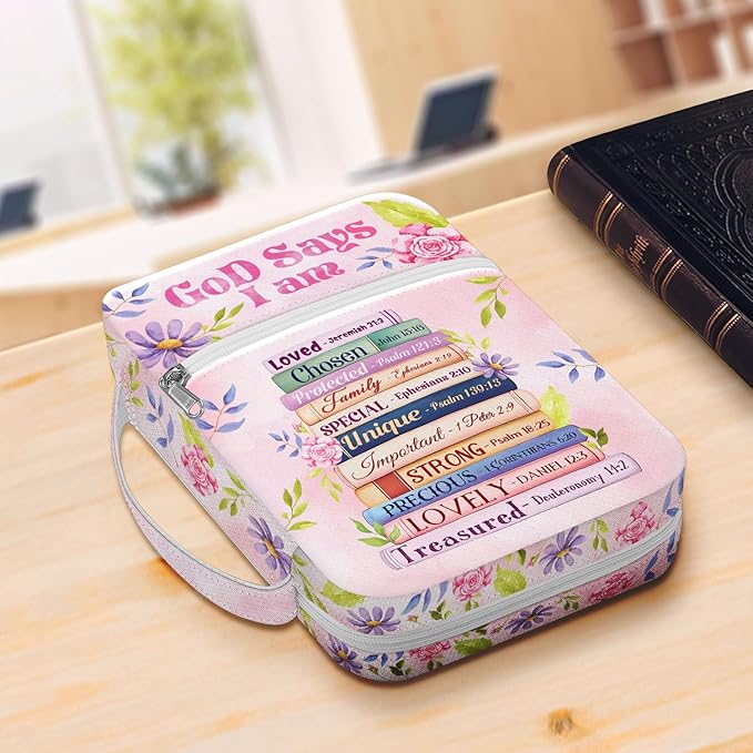 God Says I Am Bible Cover for Women, Floral Scripture Bible Case with Handle and Zipper Pocket, Christian Bible Bag for Girls and Ladies, Inspirational Gift for Church and Study Use